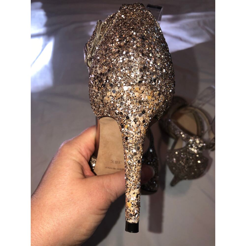 Jimmy Choo Emily Gold Glitter Sandals Strappy Heel 38.5 US 8.5 Criss Cross Heels - Picture 7 of 12